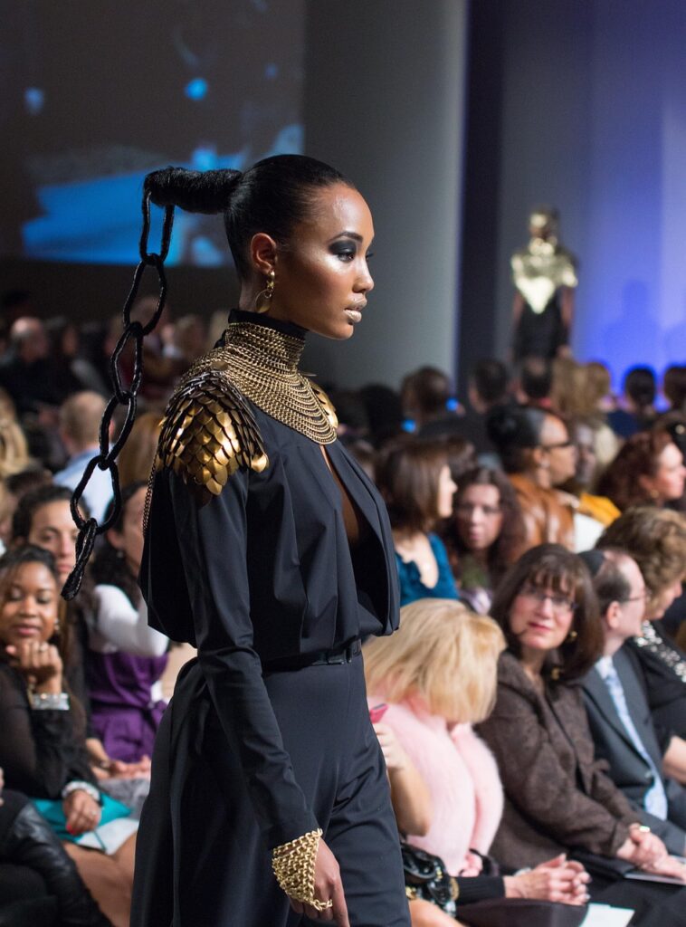 fashion, runway, model, catwalk, african american, black woman, chain braids, elegance, metal apparel, metal fishnet top